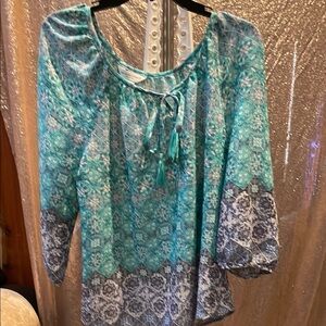 Christopher & Banks Teal and Navy Patterned Blouse